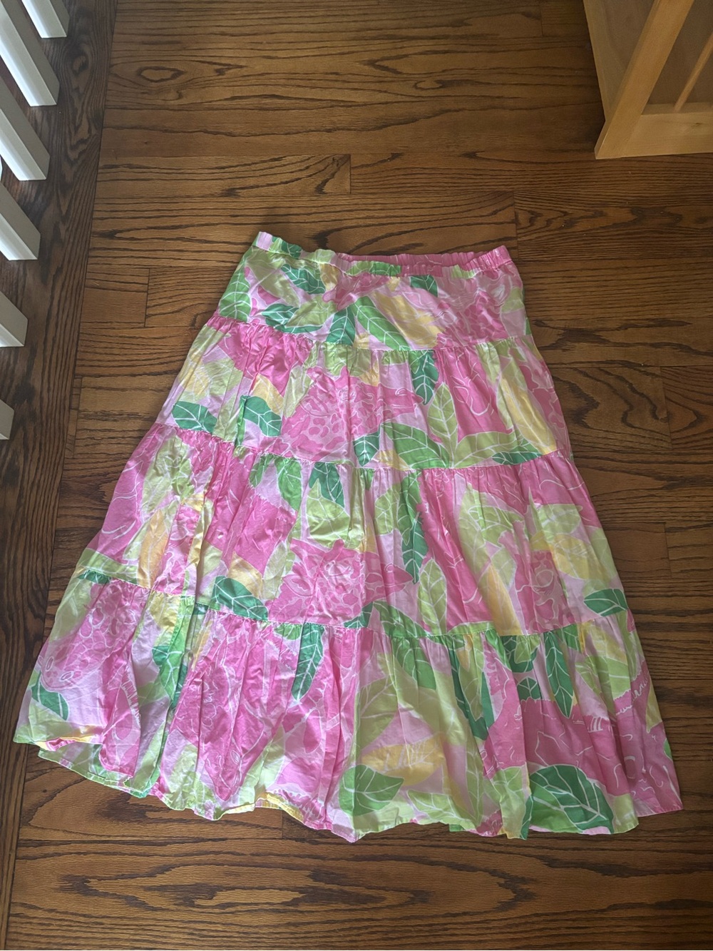 Lilly Pulitzer Pink Floral Tiered A-Line Skirt with Green and Yellow Leaves